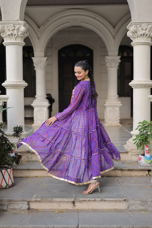 Bandhani Print work with kutchi patchwork in Faux Georgette kurti