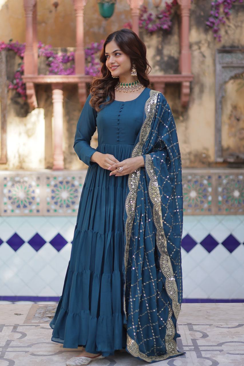 Desirable Women's Fully Flair Gown Made With Star Georgette Fabrics and Designer Embroidered Dupatta