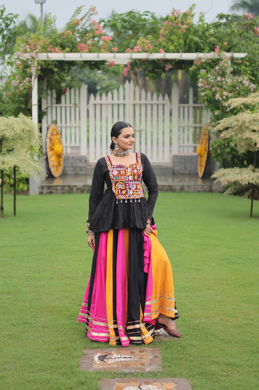 Navratri vibes Are traditional and spiritual, the Multi-colors Lehenga With Black Top