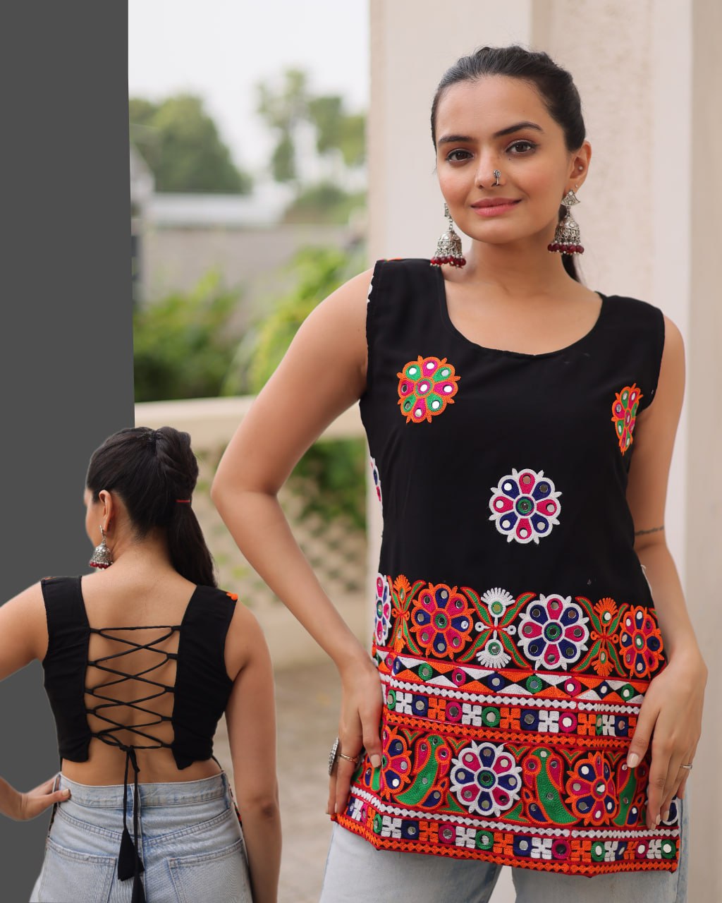 Georgette  with  Kutchi Gamthi Work Black kurti