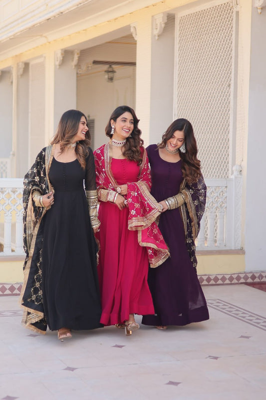 Faux Blooming Gown with Dupatta With Attractive Embroidered Sequins work with Lace Border