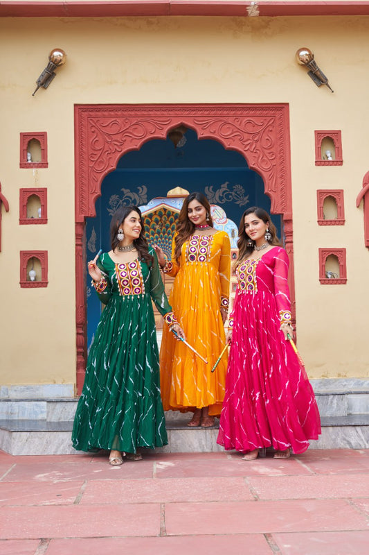 Laheriya Print with kutchi patchework in Faux Georgette