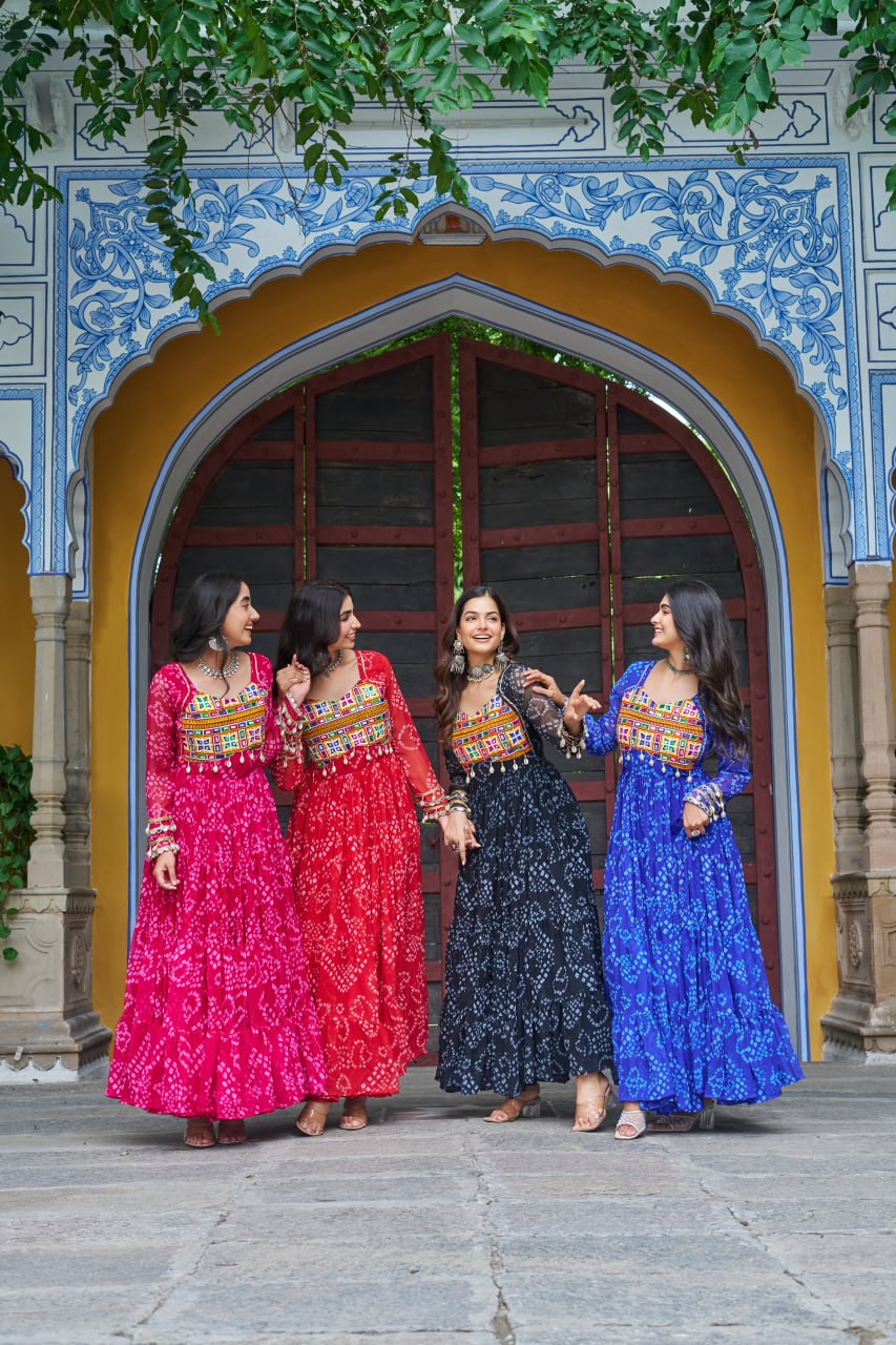 Bandhani Print work with kutchi patch work in Faux Georgette