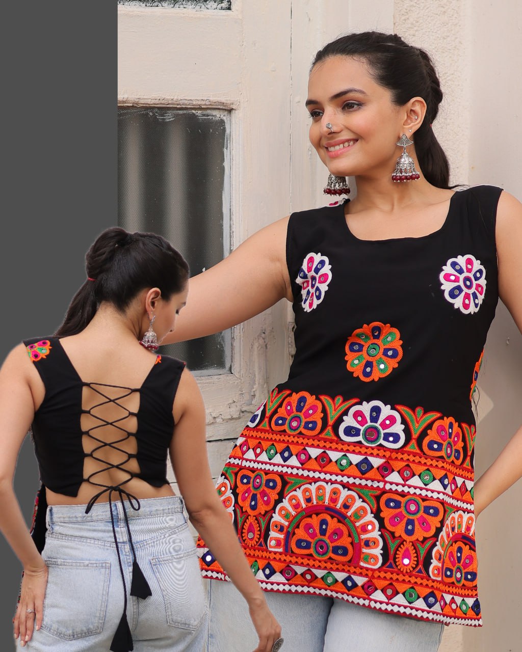 Georgette  with  Kutchi Gamthi Work  Black kurti