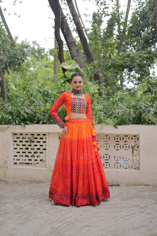 Bandhani Print work with  Kutchi Gamthi Patchwork Work Orange Lehenga