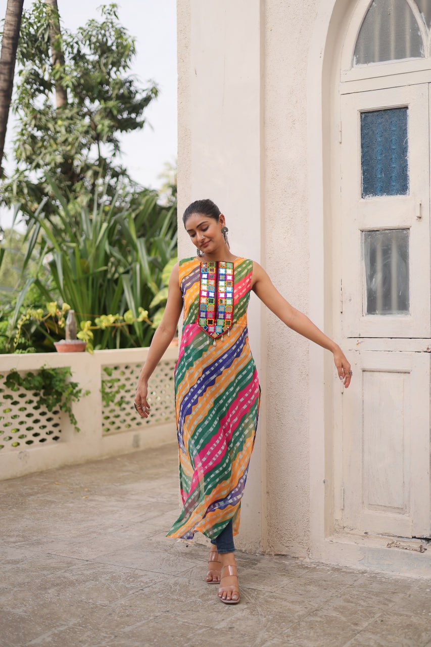 Bandhej Printed Georgette With Kutchi Gamthi Mirror & Codi lace work Yellow kurti