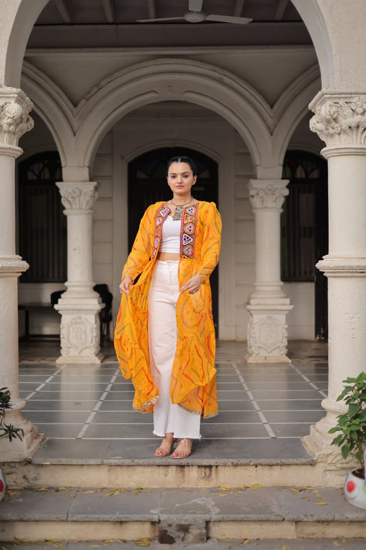 Bandhani Print work with kutchi patchwork in Faux Georgette Kurti