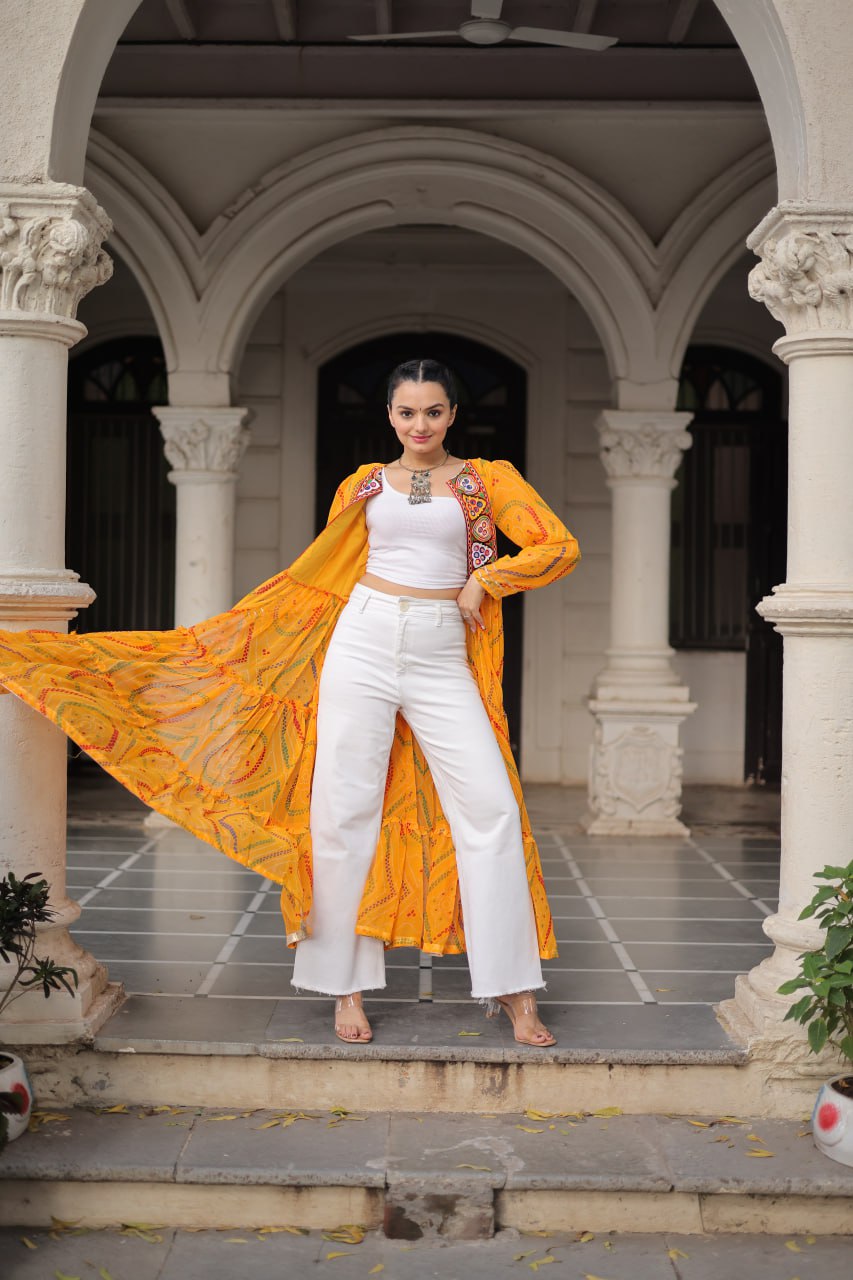 Bandhani Print work with kutchi patchwork in Faux Georgette Kurti