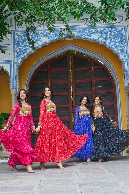 Bandhani Print work with kutchi patch work in Faux Georgette