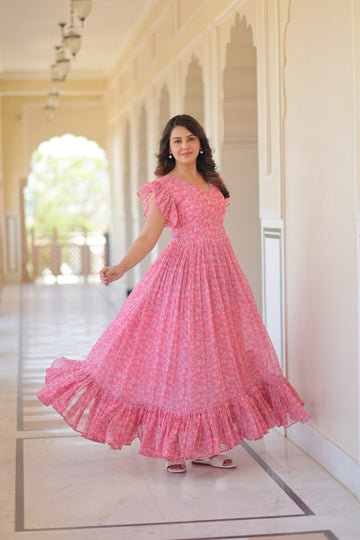 Desirable Women's Full Flared Gown Made With Faux Georgette Fabrics With Print