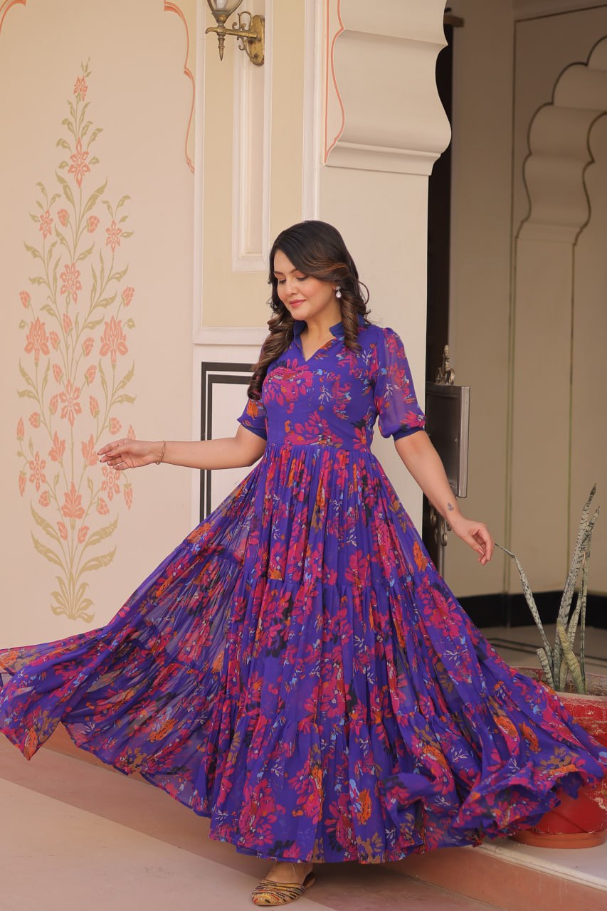 Desirable Women's Fully Flair Gown Made With Faux Georgette Fabrics With Print