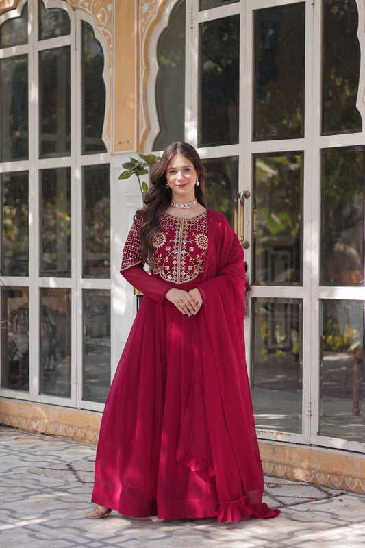 Faux Blooming Georgette With Attractive embroidered Work Red Gown