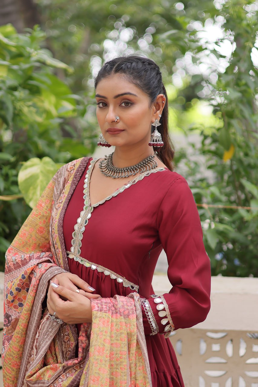 Roman Fabrics With Frill Stitching and mirror lace work