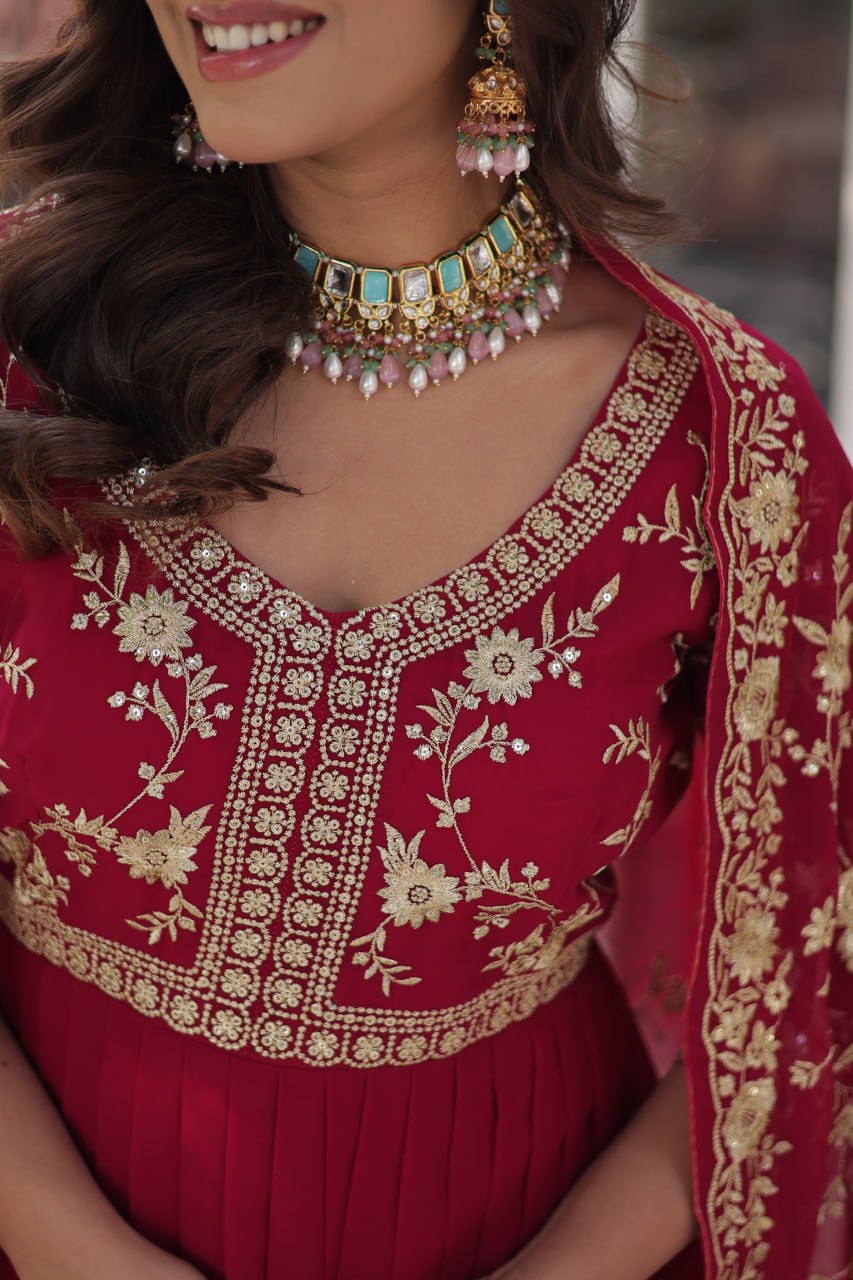 Faux Blooming With Sequins-Multi & Zari Embroidered Work Gown