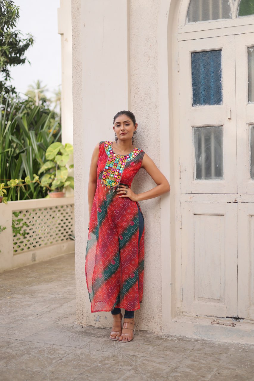 Bandhej Printed Georgette With Kutchi Gamthi Mirror & Codi lace work Red kurti